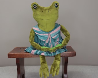 Green Plush Frog stuffed animal, vintage kimono fabric dress