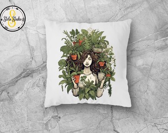 Throw Pillow, Plant Lover Gift, Girl with Plants, Gardener Gift, Plant Mom Gift Idea, Plant Decor, Plant Home Decor, Plant Pillow, Plant Mom