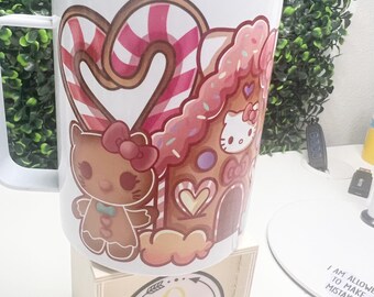 Camper Mug with Lid, Gingerbread Kitty, Christmas Mug, Kawaii Kitty Mug, Gingerbread House Mug, Cute Kitty Christmas Mug, Kawaii Christmas
