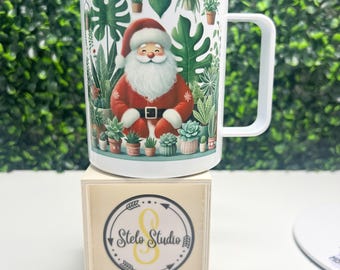 Camper Mug with Lid, Plant Lover Gift, Santa with Plants, Gardener Gift, Plant Mom Gift, Plant Mug, Christmas Coffee Mug, Botanical Mug
