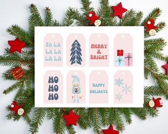 Printable Christmas Tags, Retro Gift Tags Printable, Pink Christmas Tags, Retro Christmas Tags, Printable Pink Christmas Tag, Set of 8 Tags
