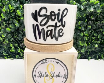 Ceramic Planter, Soil Mate Planter, Modern Planter, Planter with Bamboo Saucer, White Planter, Plant Lover Gift, Plant Parent, Plant Life