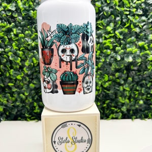 Spooky Plant mom, White Glass Can, Horror Movie Glass Can, Scary Movie Glass Can, Horror Movie Planter Heads, Spooky Season Coffee Cup,