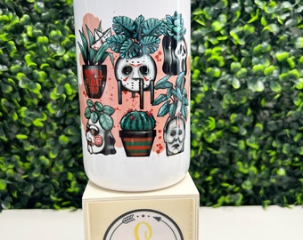 Spooky Plant mom, White Glass Can, Horror Movie Glass Can, Scary Movie Glass Can, Horror Movie Planter Heads, Spooky Season Coffee Cup,