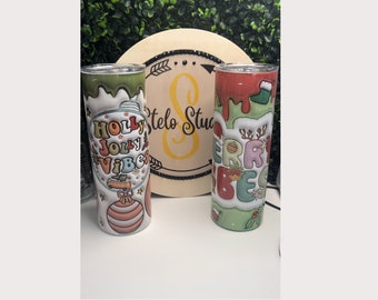Retro Christmas Tumbler, Puffy Skinny Tumbler, Merry Vibes, Pastel Christmas, Retro Christmas, Christmas Cups, Holly Jolly Vibes, Christmas