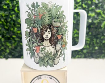 Camper Mug with Lid, Plant Lover Gift, Girl with Plants, Gardener Gift, Plant Mom Gift, Plant Mug, Plant Mom Mug, Plant Mom Camper Mug