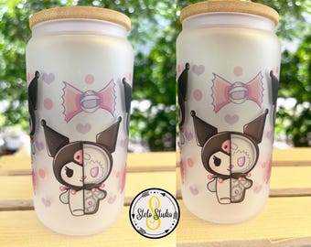 Cute Rabbit Skeleton, Kawaii Rabbit, Frosted Glass Can, Halloween Glass Can, Kur0mi Glass Can, Kawaii Skeleton, Cute and Spooky