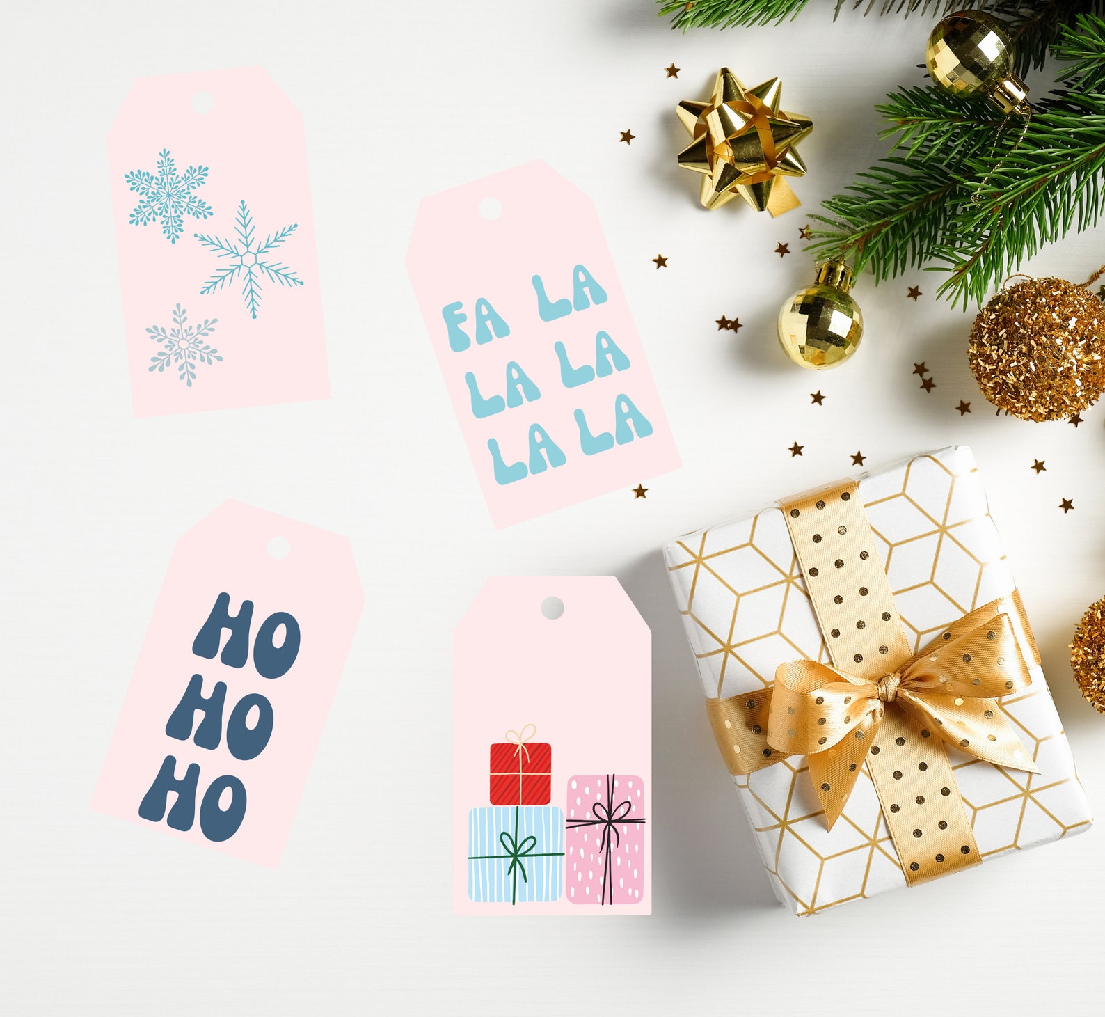Printable Christmas Tags, Retro Gift Tags Printable, Pink Christmas ...