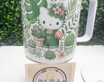 Camper Mug, Plant Lover Mug, Camper Mug with Lid, Plant Lover Gift, Botanical Mug, Gift Idea, Cute Kitty with Plants, Kawaii Plant Gift,