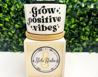 Ceramic Planter, Grow Positive Vibes, Modern Planter, Planter with Bamboo Saucer, White Planter, Plant Lover Gift, Plant Parent, Plant Life