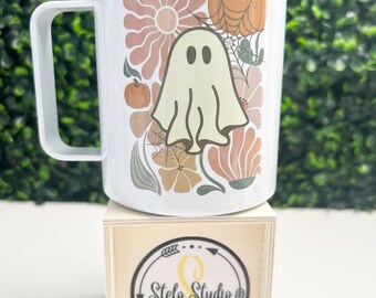 Stainless Steel Mug, Boho Flower Ghost, Halloween Mug, Boho Mug, Cute Mug, Halloween gift, Boho Flowers, Coffee Mug with Lid, Trendy Mug,
