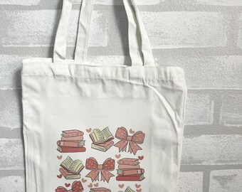 Book lover tote, tote bag for readers, book-themed tote bag, book gifts, Galentine gift, reusable book bag, cute tote, coquette tote bag