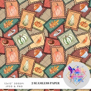 Peut inclure: Motif de papier sans couture avec des illustrations à l'aquarelle. Le motif comprend des citrouilles, des courges, des feuilles d'automne, des beignets et des petits gâteaux, le tout dans des cadres en forme de timbres-poste. La palette de couleurs est chaude, avec des tons orange, vert et marron.