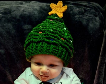 Christmas tree hat with ornaments and star - baby toddler child adult sizes winter hat