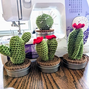 Cactus pin cushion and storage container for sewing - crochet cactus tin