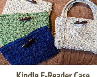May include: Three crocheted Kindle e-reader cases in green, blue, and beige with wooden toggles. The cases are shown on a brown surface.  Kindle E-Reader Case