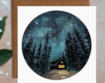 Cabin at Night Greetings Card