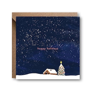 Tarjeta navideña con el lema "Happy Holidays Skies"
