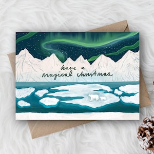 Ursos Polares e a Aurora Boreal - Cartão de Natal Ilustrado