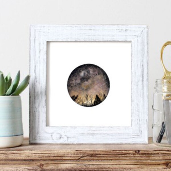 Acquerello arte stampa, cielo stellato, foresta arte, Oggettistica per la casa, arte cerchio, cielo notturno, stampa di natura, arte dello spazio, stelle, arte dell'albero, paesaggio stampa