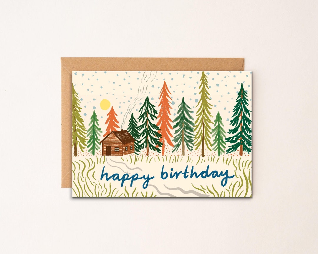 Happy Birthday Forest Cabin Card - Etsy