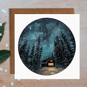 夜の小屋のイラスト入りグリーティングカード