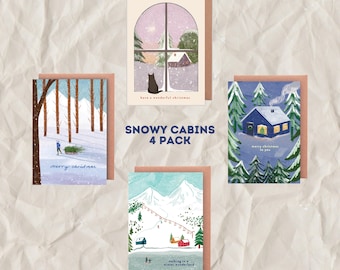 Pack of 4 Snowy Cabins Illustrated Christmas Cards
