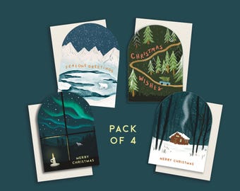 Pack of 4 Arched Christmas Cards | Scandinavian Cabin, Window, Polar Bear & Trees