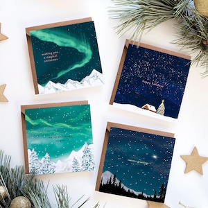 Juego de tarjetas navideñas ilustradas de cielos estrellados / Paquete de 4