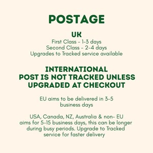 The image is a text-based representation of a postal service, providing information about the UK and international postage options.