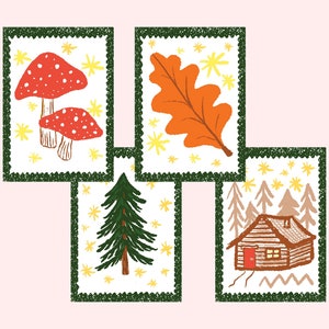 May include: Four illustrated cards with a nature theme. The cards feature a red mushroom, an orange leaf, a green pine tree, and a cabin. Each card has a white background with yellow star accents and a green border.