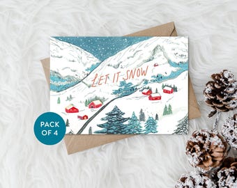 Let It Snow Christmas Card Set: Snowy Alps Gouache Painting (Pack of 4)
