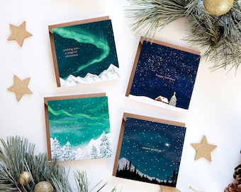 Starry Skies Illustrated Christmas Card Set | Pack of 4