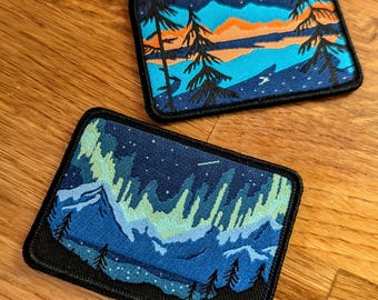 Set of 2 Iron on Patches - Northern Lights and Forest Sunset