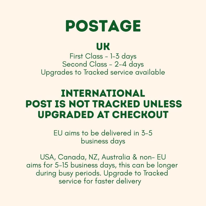 The image is a text-based representation of a postal service, providing information about the UK and international postage options.
