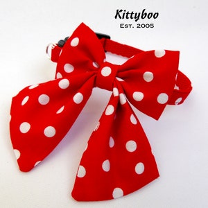 Red Polka Dot Cat Kitten Breakaway Collar & Big Bow, Oversized Festive Cat Collar, Quick Release Safety Collar, Sailor Bow, Bell image 1