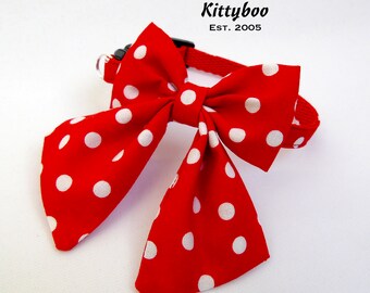 Red Polka Dot Cat Kitten Breakaway Collar & Big Bow, Oversized Festive Cat Collar, Quick Release Safety Collar, Sailor Bow, Bell