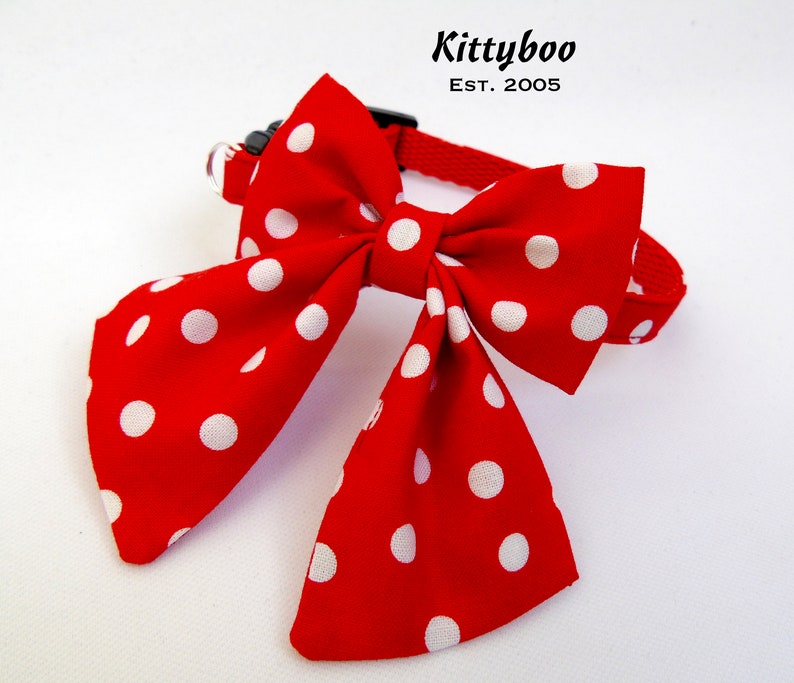 Red Polka Dot Cat Kitten Breakaway Collar & Big Bow, Oversized Festive Cat Collar, Quick Release Safety Collar, Sailor Bow, Bell image 1