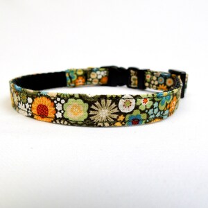 May include: A green, brown, orange and blue floral patterned dog collar with a black adjustable buckle.