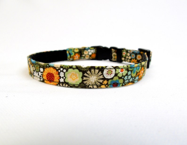 May include: A green, brown, orange and blue floral patterned dog collar with a black adjustable buckle.
