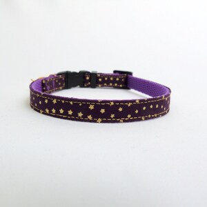 Puede incluir: Un collar para perro morado con un patr&oacute;n de estrellas doradas. El collar tiene una hebilla de pl&aacute;stico.