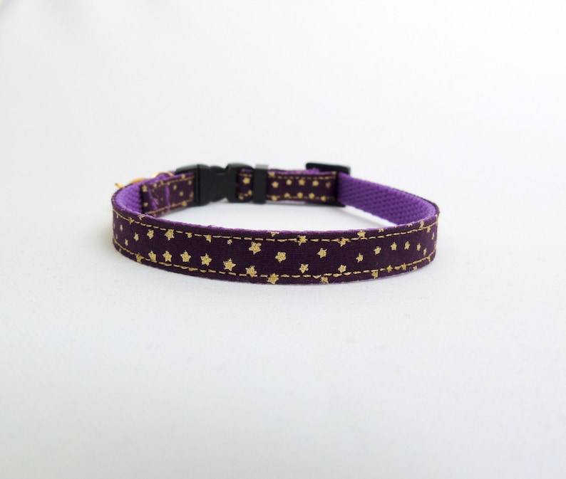 Puede incluir: Un collar para perro morado con un patr&oacute;n de estrellas doradas. El collar tiene una hebilla de pl&aacute;stico.