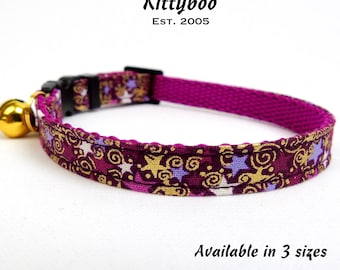 Celestial Plum Breakaway Cat Collar: Gold Stars, Kitten Safety Buckle