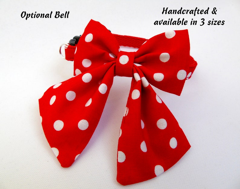 Red Polka Dot Cat Kitten Breakaway Collar & Big Bow, Oversized Festive Cat Collar, Quick Release Safety Collar, Sailor Bow, Bell image 3