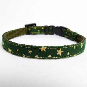 Luxury Breakaway Cat & Kitten Collar in 3 sizes, Quick Release Cat Collar, Gold Star on Green Cat Collar, Christmas, Halloween