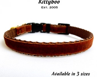 Luxury Chestnut Brown Velvet Cat Collar, Cat Breakaway Collar, 3 sizes, Kitten Collar, Breakaway Cat Collar, Quick Release Collar