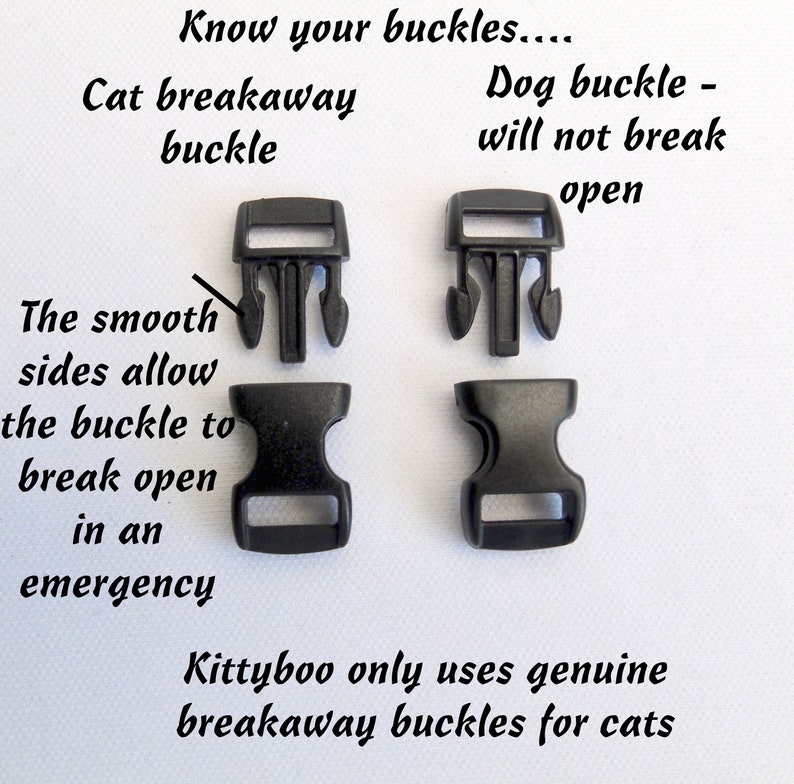 May include: Two black plastic buckles, one labelled "Cat breakaway buckle" and the other labelled "Dog buckle - will not break open". The cat buckle has smooth sides that allow it to break open in an emergency. The text "Kittyboo only uses genuine breakaway buckles for cats" is also visible.