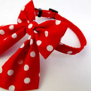 Red Polka Dot Cat Kitten Breakaway Collar & Big Bow, Oversized Festive Cat Collar, Quick Release Safety Collar, Sailor Bow, Bell image 2