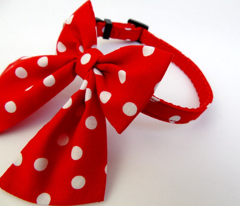 Red Polka Dot Cat Kitten Breakaway Collar & Big Bow, Oversized Festive Cat Collar, Quick Release Safety Collar, Sailor Bow, Bell image 2