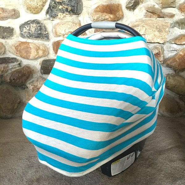 Clearance Stretchy car seat cover, blue stripes, nursing cover, high chair cover, multi use cover